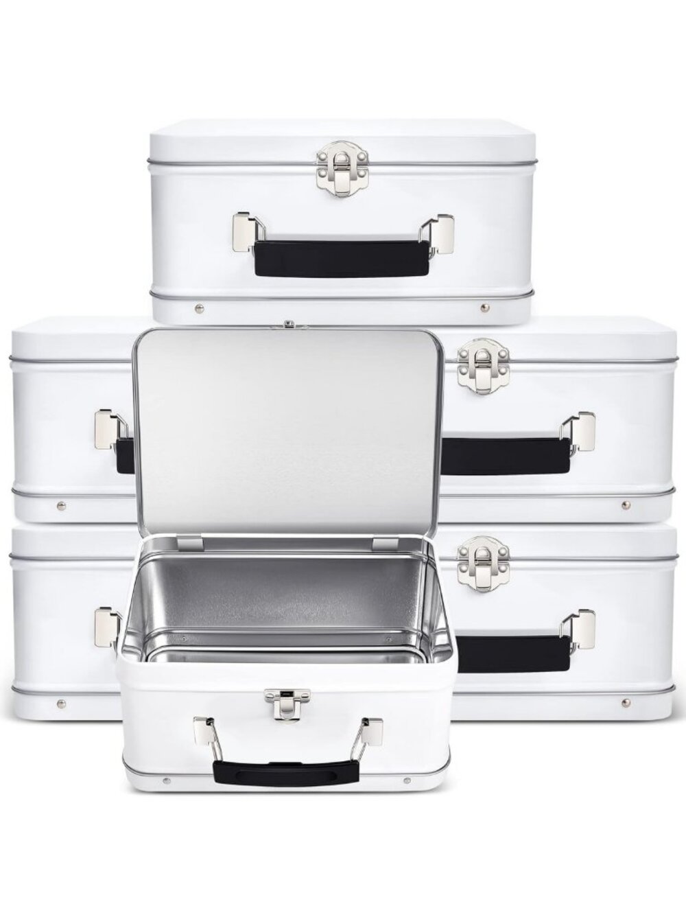 Retro DIY Lunch Box Tins with Hinged Lids - White, Set of 6 for Meal Prep